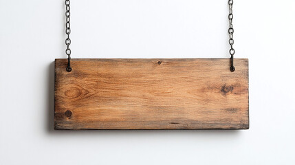 Rustic wooden sign hanging by chains against a clean white wall backdrop. Ideal for adding personalized text or graphics. Perfect for displays.