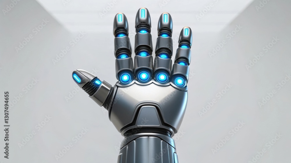 Poster a futuristic metallic robotic hand with blue lights, showcasing advanced technology. the hand is in 