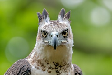Fototapeta premium A powerful harpy eagle staring into the camera, its crown-like feathers standing tall