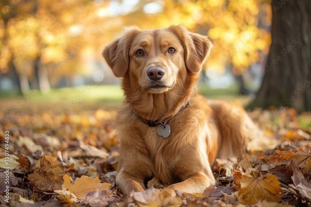 Aufkleber golden retriever resting on fallen leaves amid autumn trees during a sunny afternoon generative ai