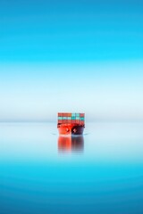 solitary cargo ship maneuvers through calm ocean under clear blue sky creating sense of vastness and tranquility