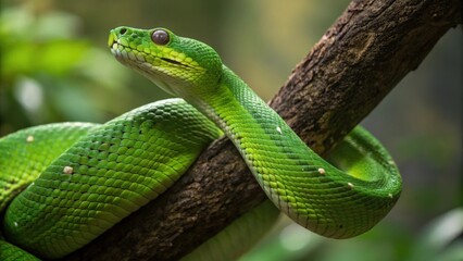 Fototapeta premium Emerald Tree Boa coiled around a branch
