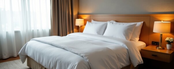 Hotel room bed linen change, fresh sheets neatly made, hotel staff, rest, hotel