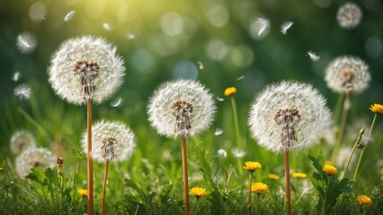 Dandelion puff seed heads growing in green grass with bokeh background