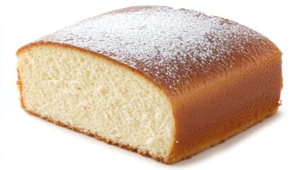 A close-up of a slice of fluffy Japanese cheesecake, lightly dusted with powdered sugar.