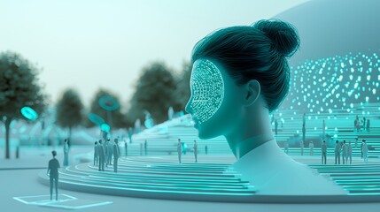 Teal Digital Woman in Futuristic Park Setting
