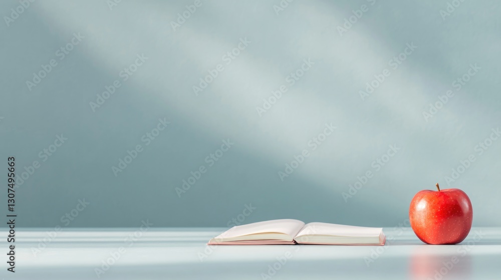 Poster teacher desk with open notebook and red sitting neatly beside it soft natural light cast into room s