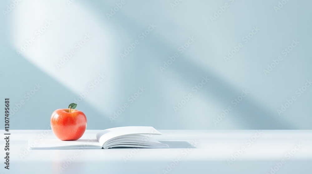 Poster teacher desk with open notebook and red sitting neatly beside it soft natural light cast into room s