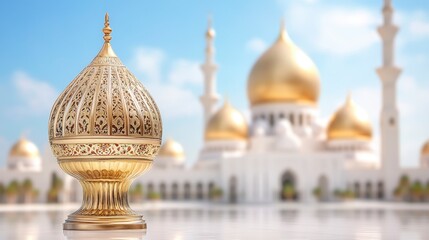 Ornate golden incense burner in focus, with a grand mosque blurred in the background. Bright outdoor lighting, reflecting off the polished gold surface.