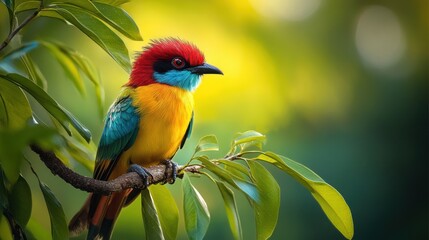 Vibrant bird perches among lush green foliage, blurred natural sunlight background in nature