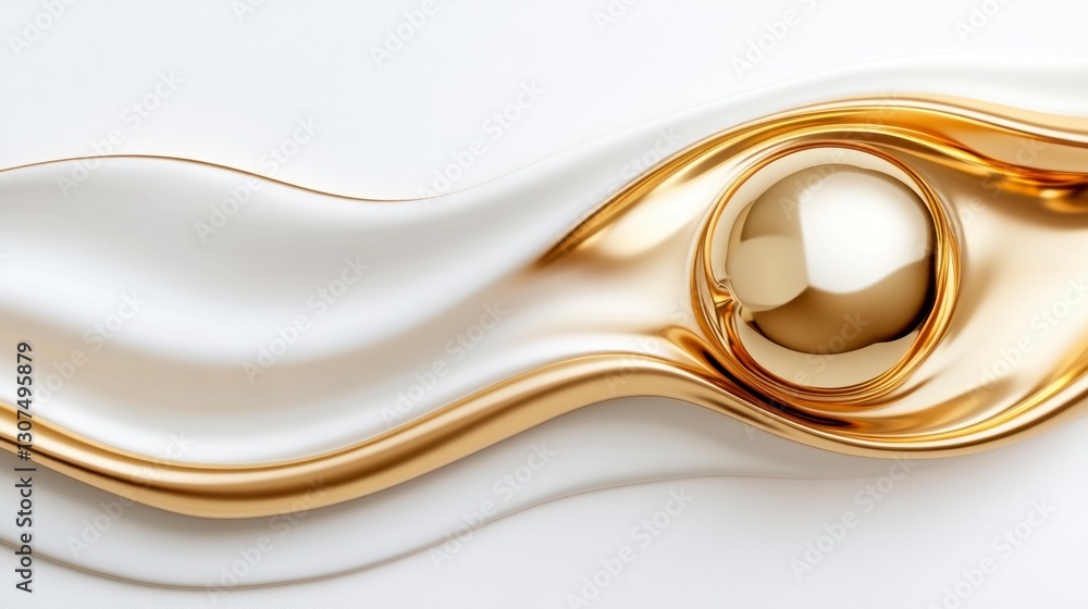 Poster abstract image of a golden sphere resting on a flowing white and gold wave. the image features soft 
