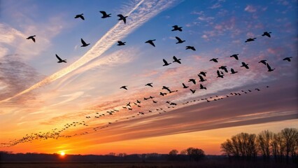 Obraz premium a flock of birds soaring in a vibrant sunset sky, creating a breathtaking spectacle. The scene evokes a sense of freedom, migration, and natural beauty