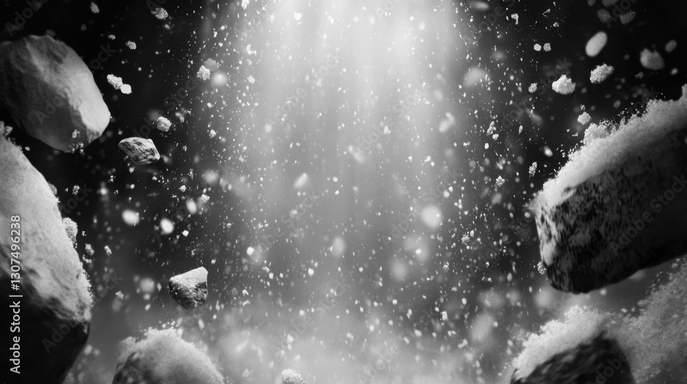 Poster abstract grayscale image of rocks and debris falling with a bright light source in the center, creat
