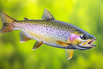 Fototapeta premium A rainbow trout leaping out of a rushing river to catch an insect in midair