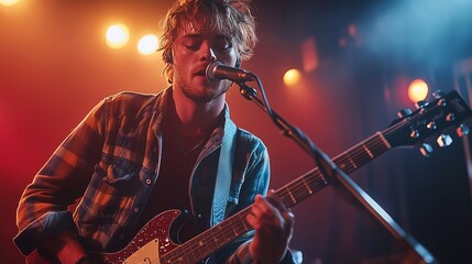Obraz premium A musician playing an electric guitar, singing into a microphone on a dimly lit stage