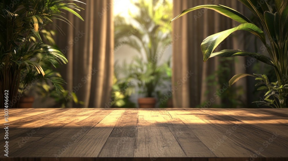 Poster an inviting empty wooden table stands ready for gatherings, bathed in warm sunlight. behind, vibrant