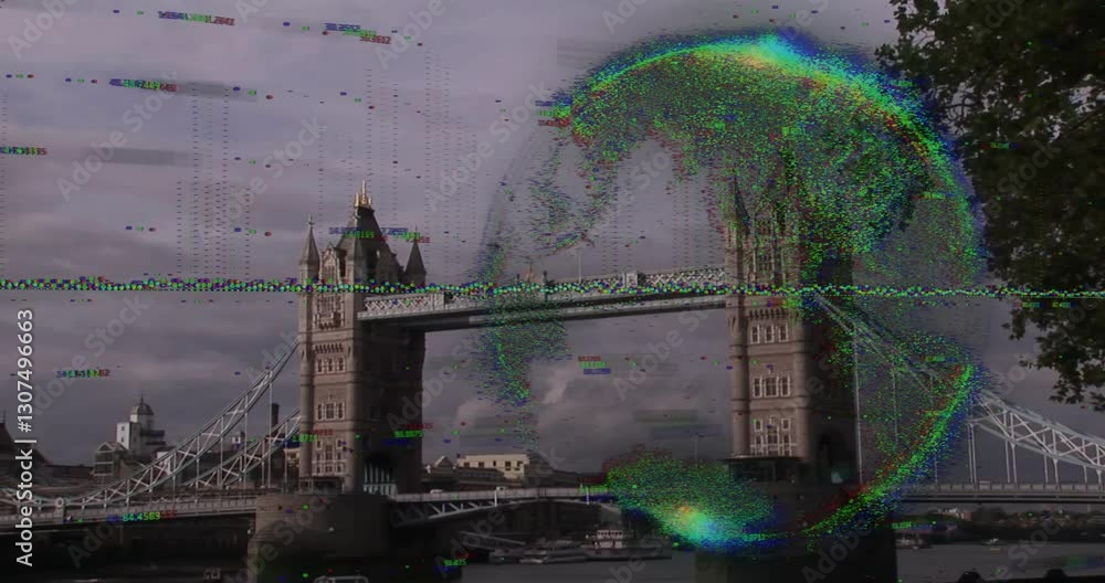 Poster tower bridge with digital glitch and colorful data processing animation overlay