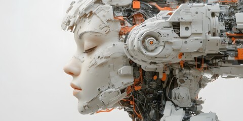 Fototapeta premium A futuristic portrait of a human-robot hybrid, blending organic and mechanical elements. The image captures the balance between man and machine, ideal for tech, sci-fi, or cyberpunk advertising.