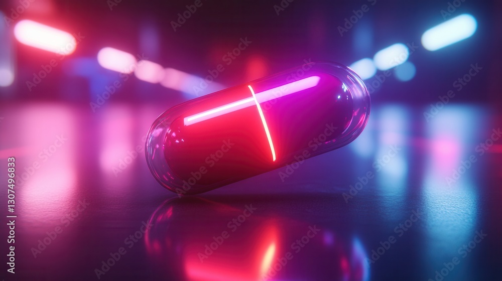 Poster Floating neon cyberpunk pill in a dark void with futuristic lighting and sci fi medical design Generative AI