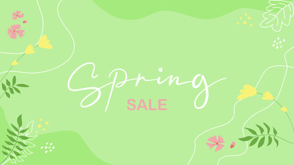Spring banner. Lettering spring sale with leaf and flowers. Template for greeting card, invitation, logotype, typography icon. Modern banner background with tropical leaves and text in spring colors