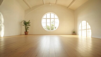Fototapeta premium Spacious, bright, empty room with large round window, hardwood floor, and potted plants.