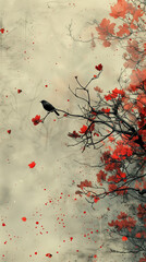 Bird perched on branch with red leaves against subtle background