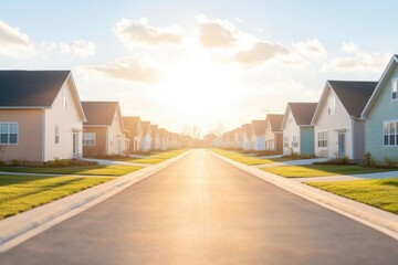 aerial view of new suburban neighborhood with homes lined up closely green parks scattered empty streets winding through