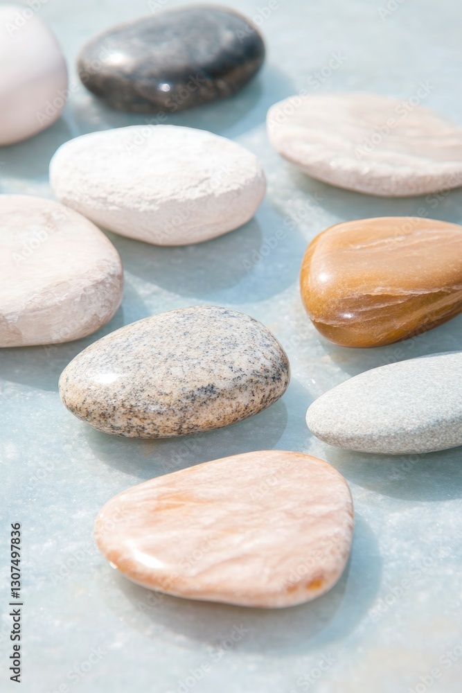 Poster array of decorative stones elegantly spread across smooth surface each gleaming under soft diffused 