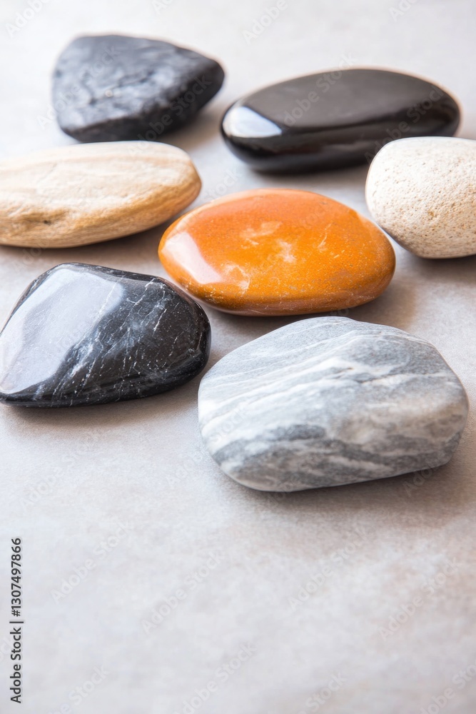 Poster array of decorative stones elegantly spread across smooth surface each gleaming under soft diffused 