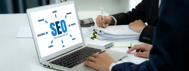 SEO search engine optimization for brisk e-commerce and online retail business showing on computer...