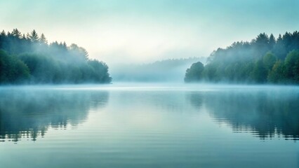 Fototapeta premium Serene morning mist over calm lake. Misty lake reflecting tranquil trees. Tranquil scene at dawn. Peaceful lake with misty trees.