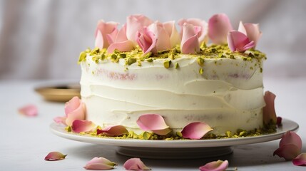 A beautifully crafted rose pistachio cake sits elegantly on a golden cake board, layers of soft pistachio sponge and delicate rose-flavored crea