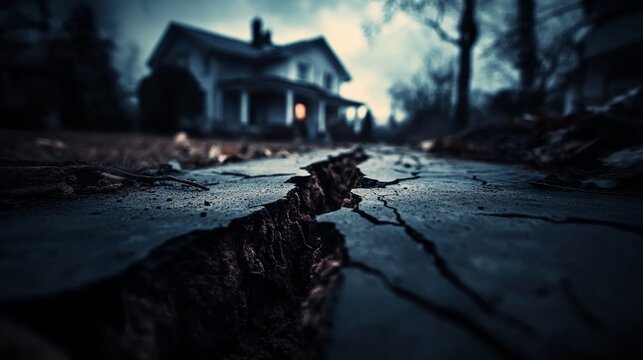 A crack in the foundation of a house caused by an earthquake. A house floor with deep cracks and debris all around.