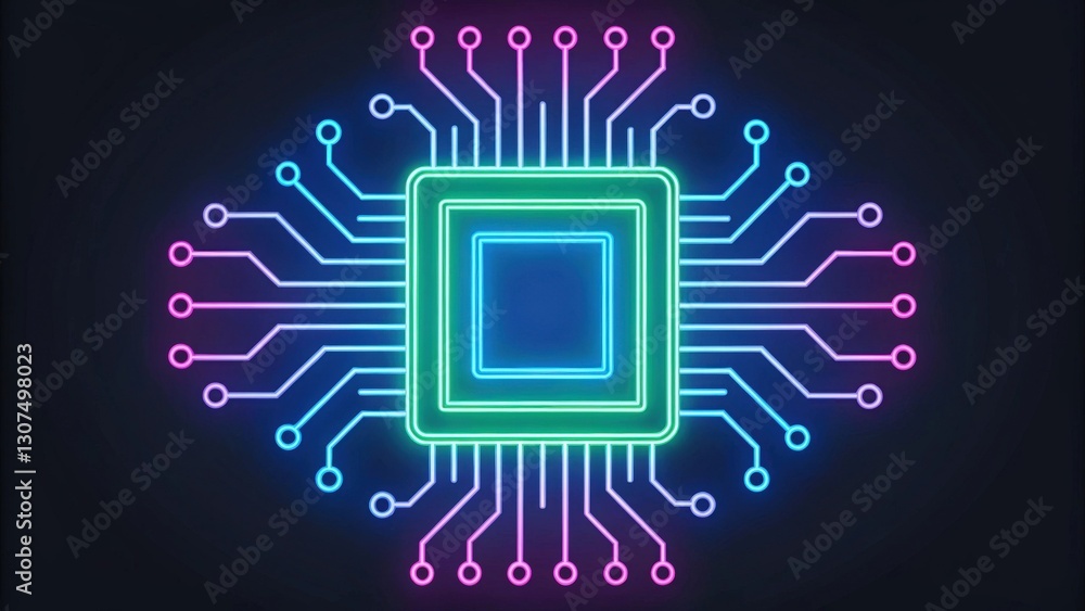 Poster illuminating microchip circuit on a dark backdrop, digital core design. this artwork illustrates the