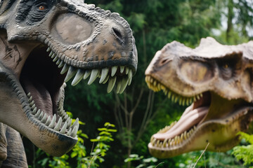 Obraz premium Two realistic dinosaur models in forest setting with lush greenery
