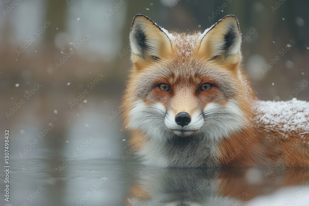 Leinwandbilder red fox standing in shallow water with snowflakes falling in a forest setting during winter generati