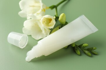 Lip balm and freesia flowers on light green background, closeup