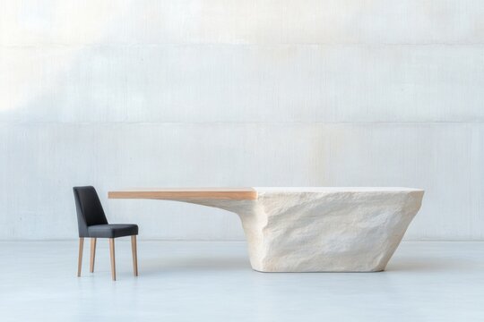 empty modern office featuring uniquely designed desk and chair positioned strategically with ample copy space