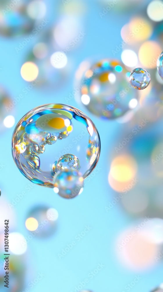 Poster abstract image of iridescent bubbles floating on a light blue background with bokeh effect. the bubb