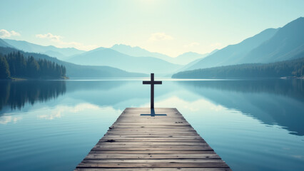 Fototapeta premium A serene dock with a cross at its end, situated in front of a tranquil lake under a clear sky, symbolizing faith and peace.