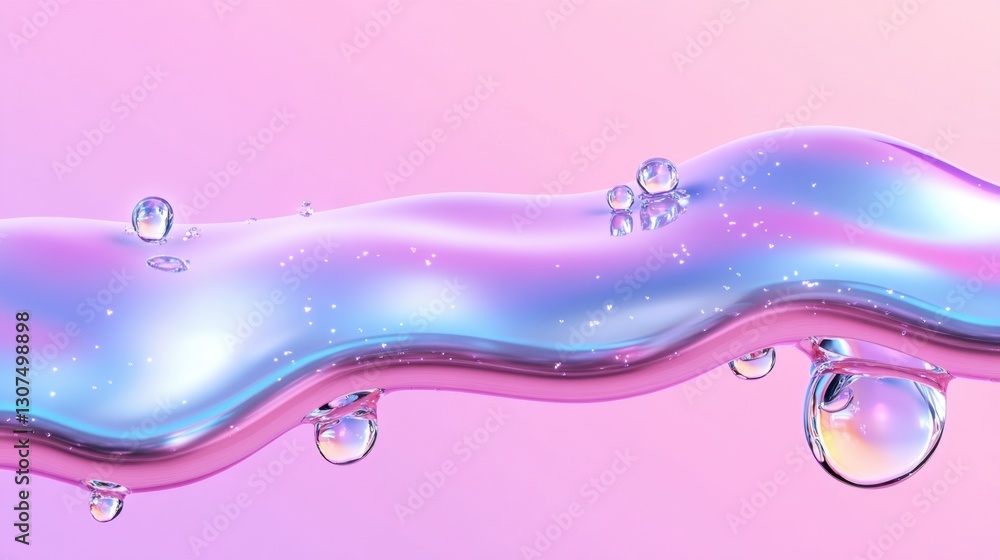 Poster abstract image of iridescent liquid flowing with pastel pink background, featuring shimmering, refle
