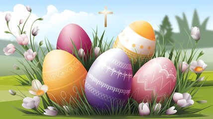Enchanting Easter Celebration with Vibrant Decorated Eggs, Blooming Spring Flowers, and a Radiant Cross Symbolizing Renewal, Joy, and the Spiritual Essence of Paskalya in a Dreamlike Pastel Wonderland