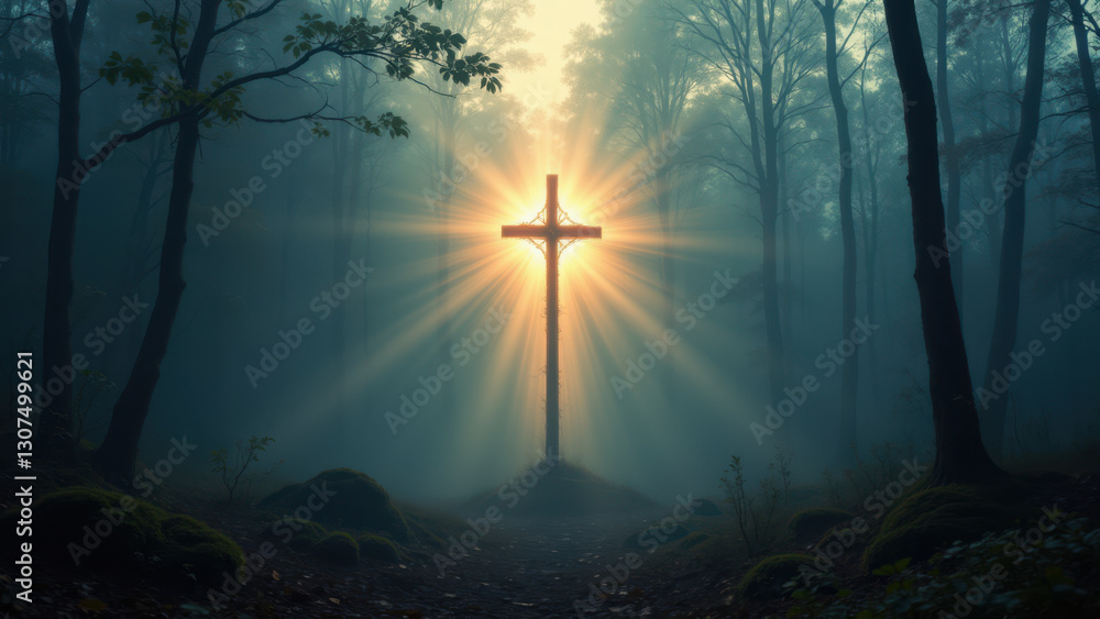 Poster a serene forest clearing with a christian cross illuminated by a bright light, creating an atmospher