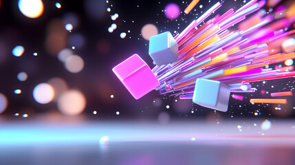 Vibrant Glitch Geometric Pattern with Colorful Cubes and Lines