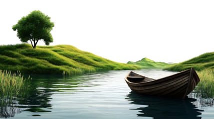 Isolated calm and green natural landscape with boat on transparent background, PNG