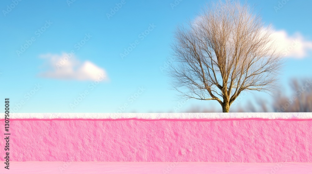 Poster winter landscape with a single leafless tree standing in a snowy field against a bright blue sky. a 