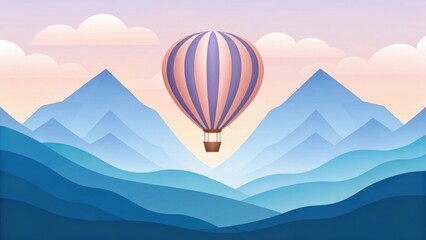 a hot air balloon soaring over a majestic mountain range under a pastel sky. The balloon is patterned in shades of pink and white, offering a serene and adventurous feel