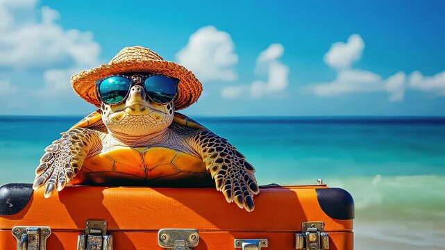 Turtle on the background of the sea with a suitcase. Selective focus