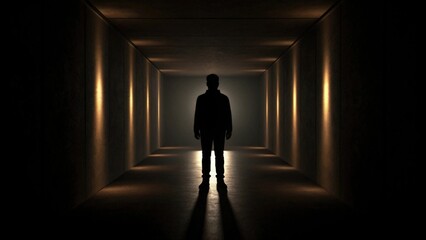 Obraz premium a silhouette of a person standing in a dimly lit hallway, with a bright light at the end. The person is a dark figure standing in the middle of the frame.