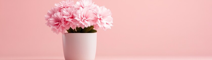 A pastel pink background enhances a delicate arrangement of pink flowers in a simple white pot, This serene image is perfect for use in floral-themed designs, invitations, or romantic promotions,